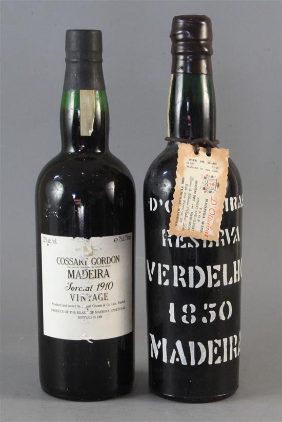 One bottle of Sercial, 1910 and one bottle of DOliveiras Reserva Verdelho Madeira, 1850